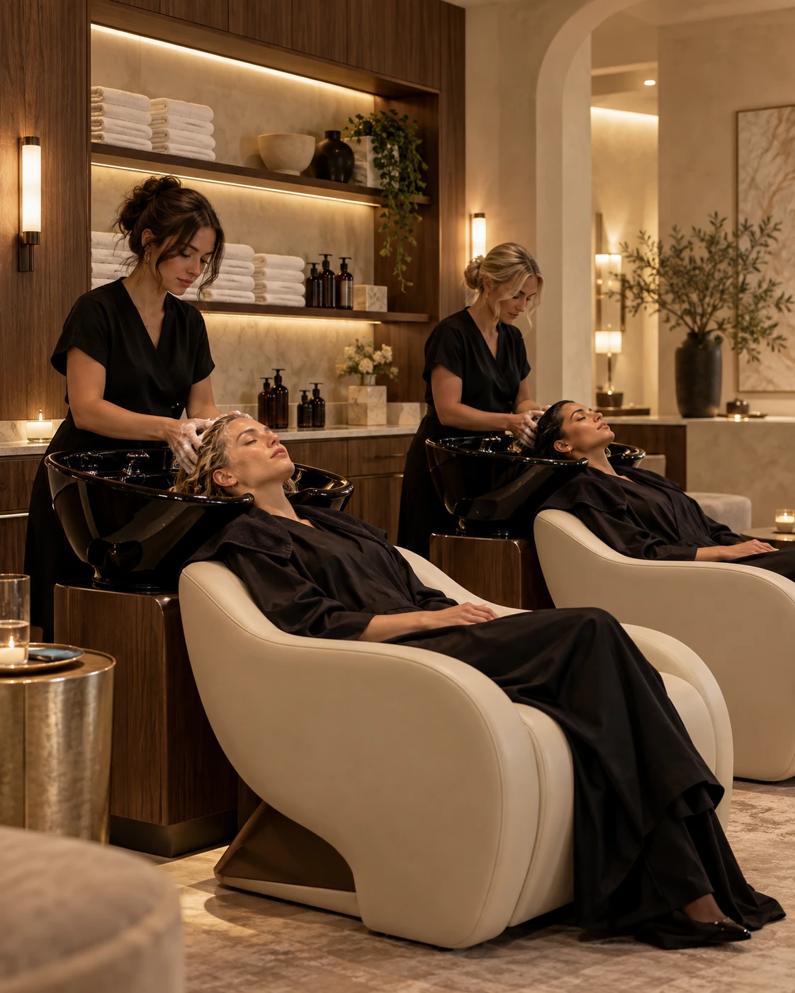 Two guests reclined at cream basins while stylists give a scalp massage in warm evening light