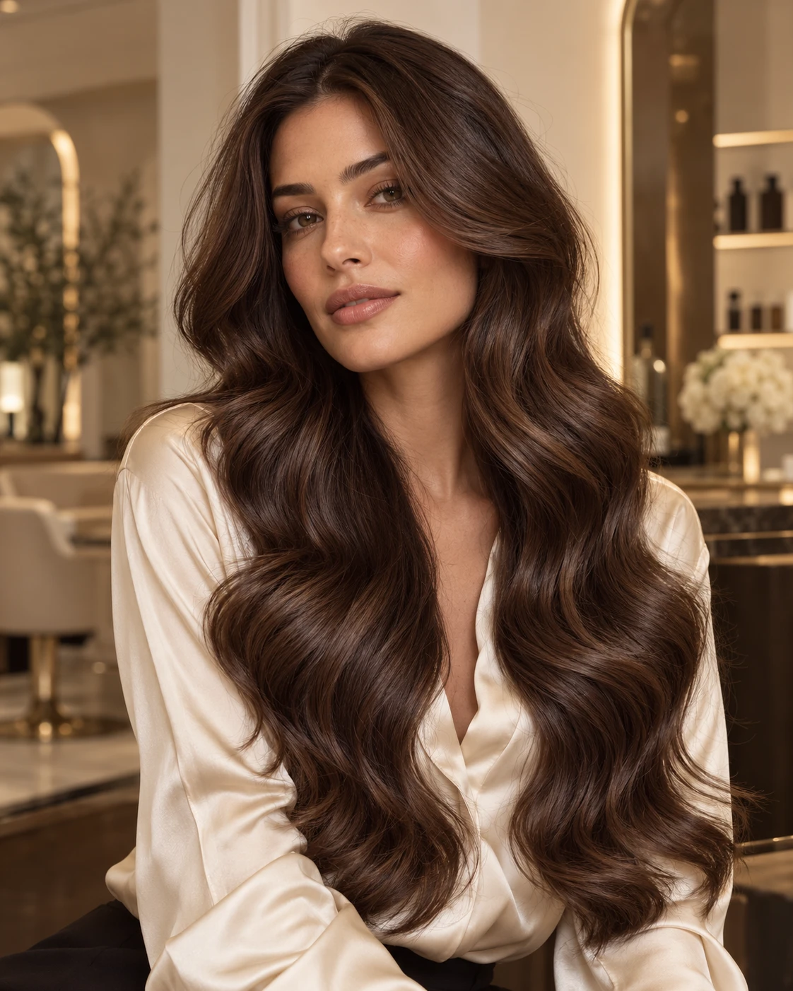 Glossy chocolate-brown hair in long, soft waves