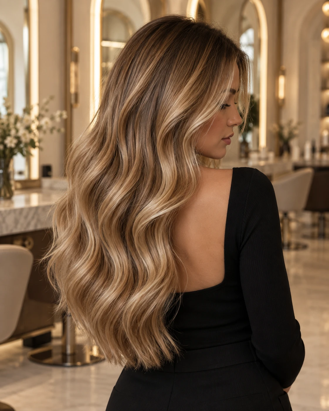Honey balayage on long, loose waves, back view