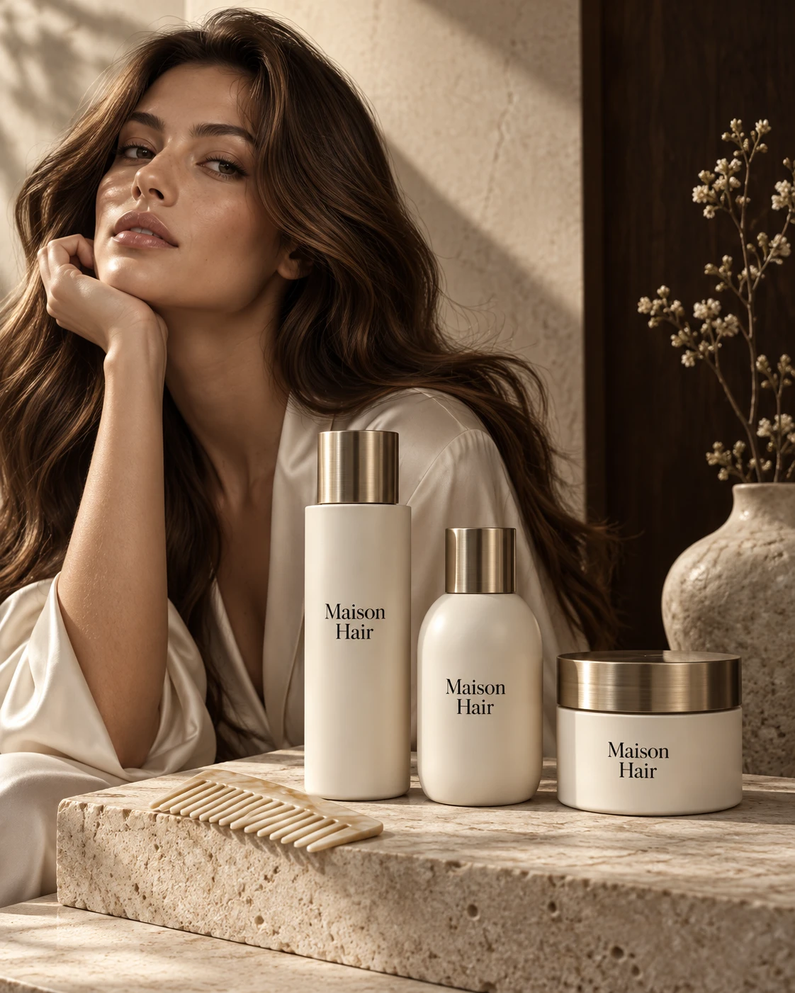 Maison Hair shampoo, conditioner and styling cream on travertine beside a model with long brunette waves