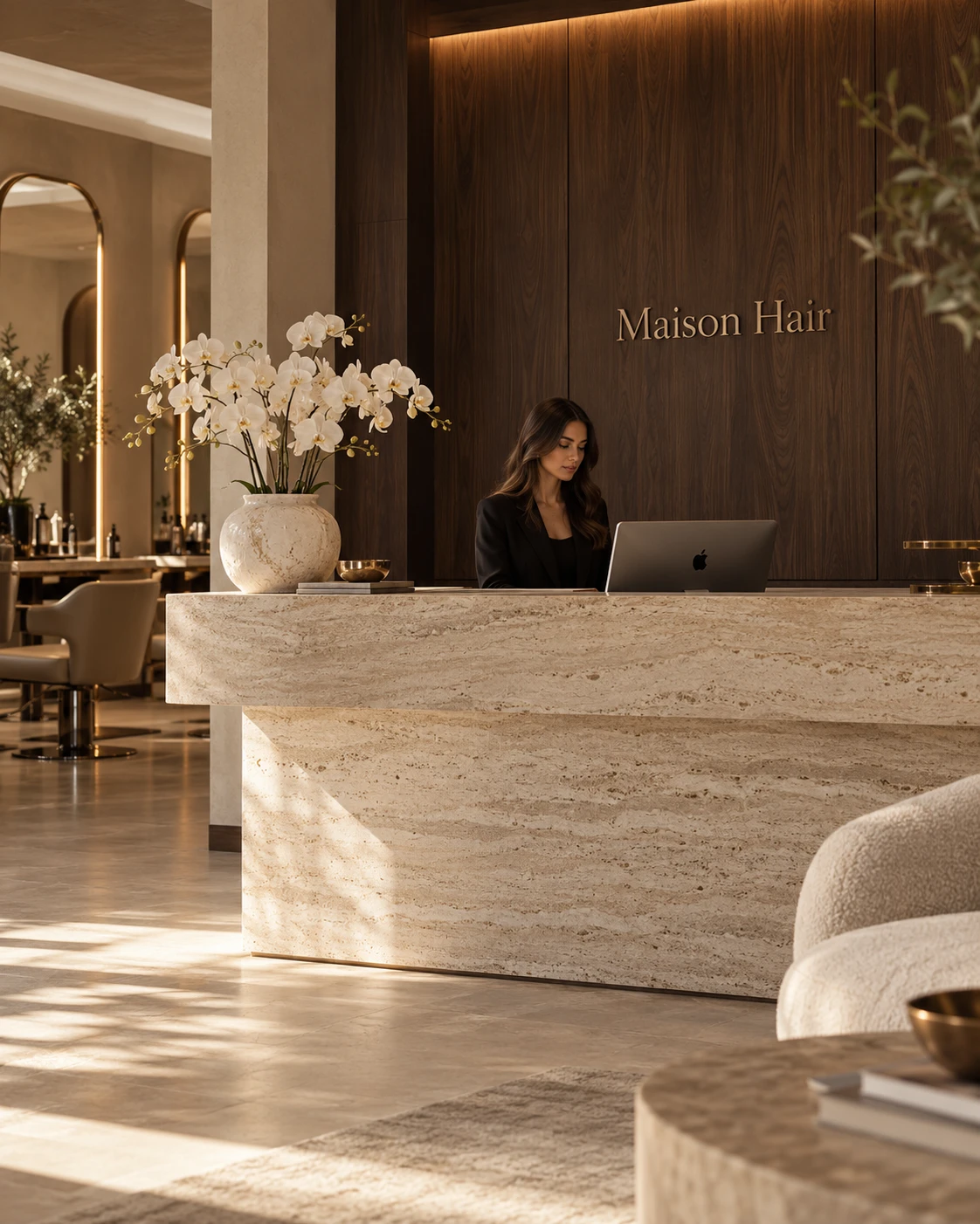 The Maison Hair reception: a travertine desk, white orchids and the brass Maison Hair sign on walnut panelling