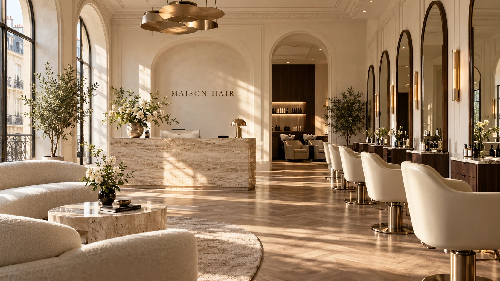 The Maison Hair salon floor with arched windows and brass mirrors