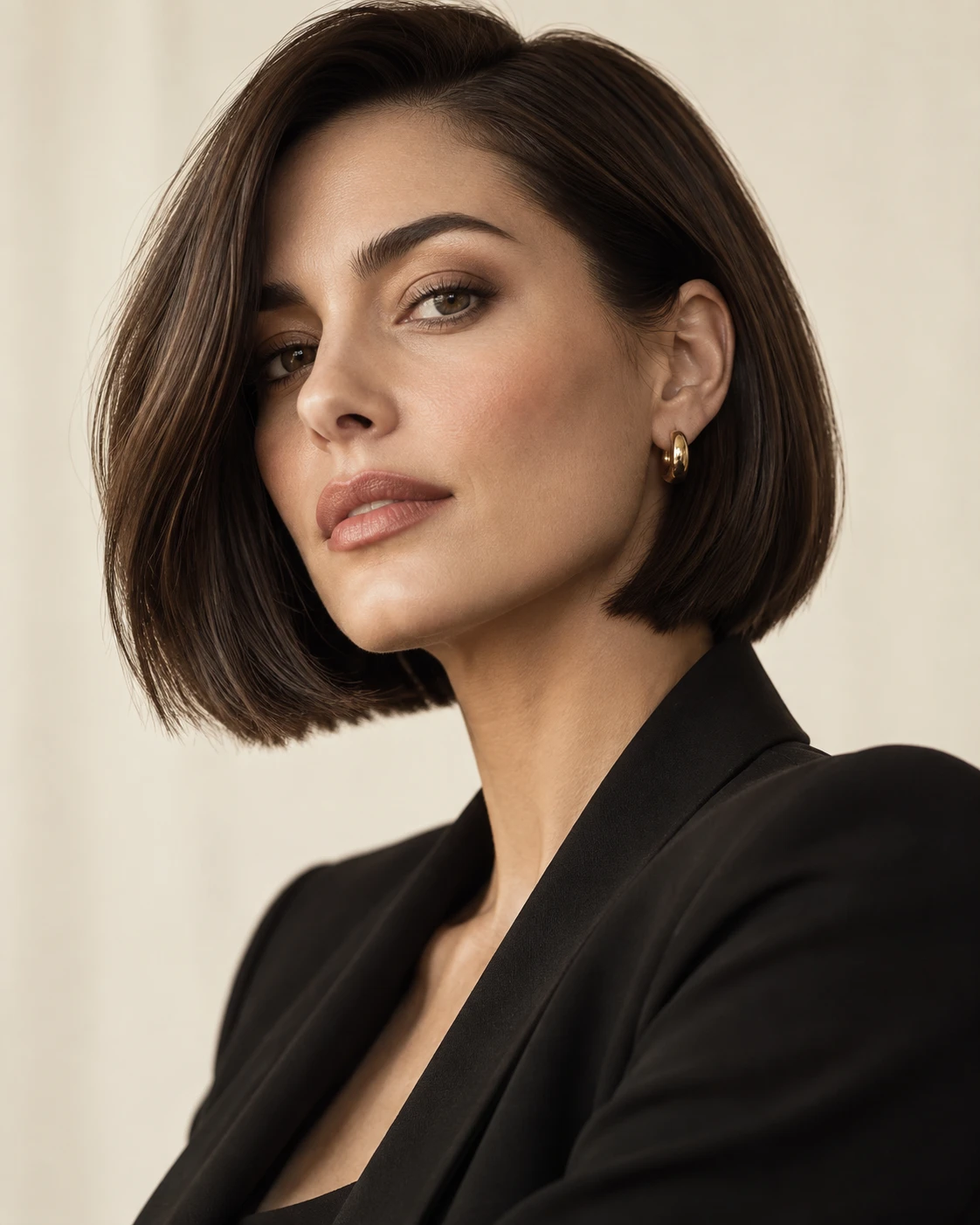 Sleek chin-length bob with a deep side part