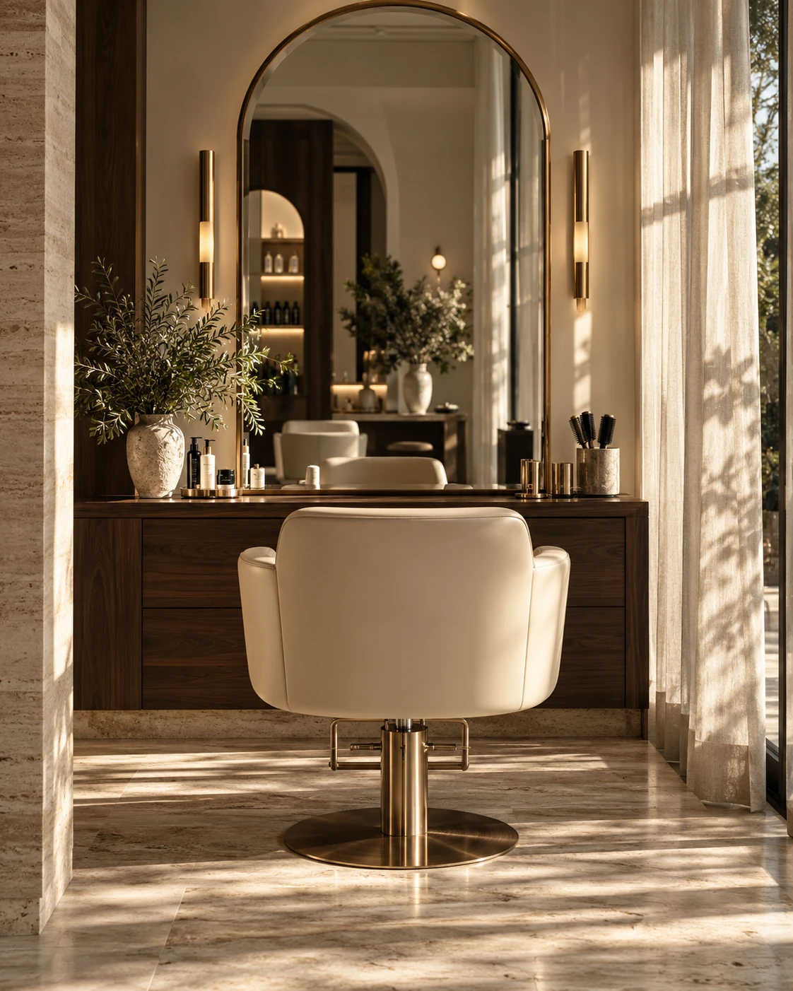 The Maison Hair salon floor: tall arched windows, a travertine reception desk and a row of brass arched mirrors in warm sunlight